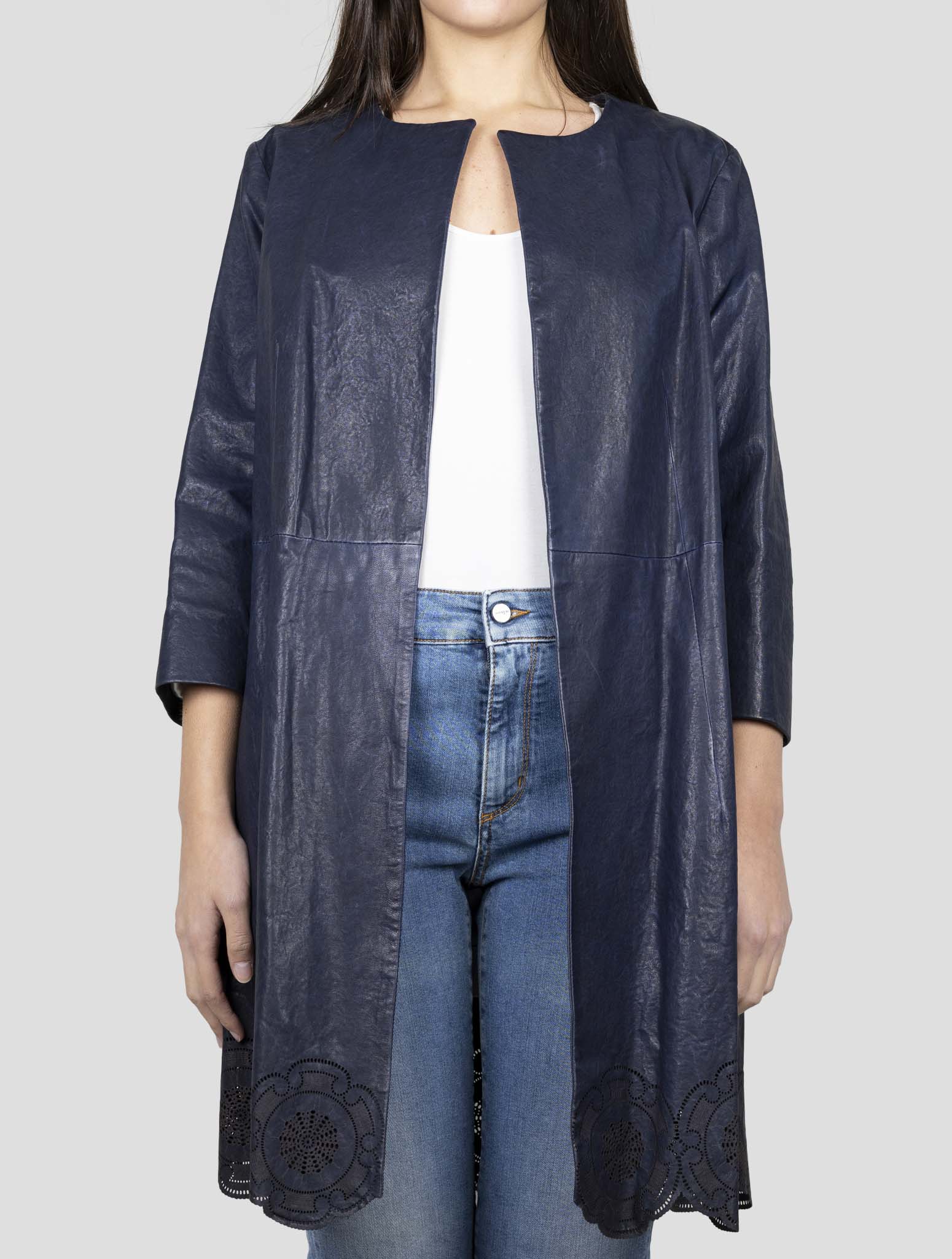 Kiton Blue Leather Overcoat