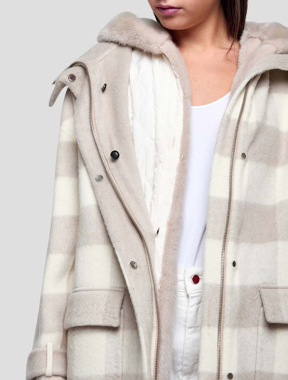 Kiton Beige White Alpaca Mink Fur Overcoat Women