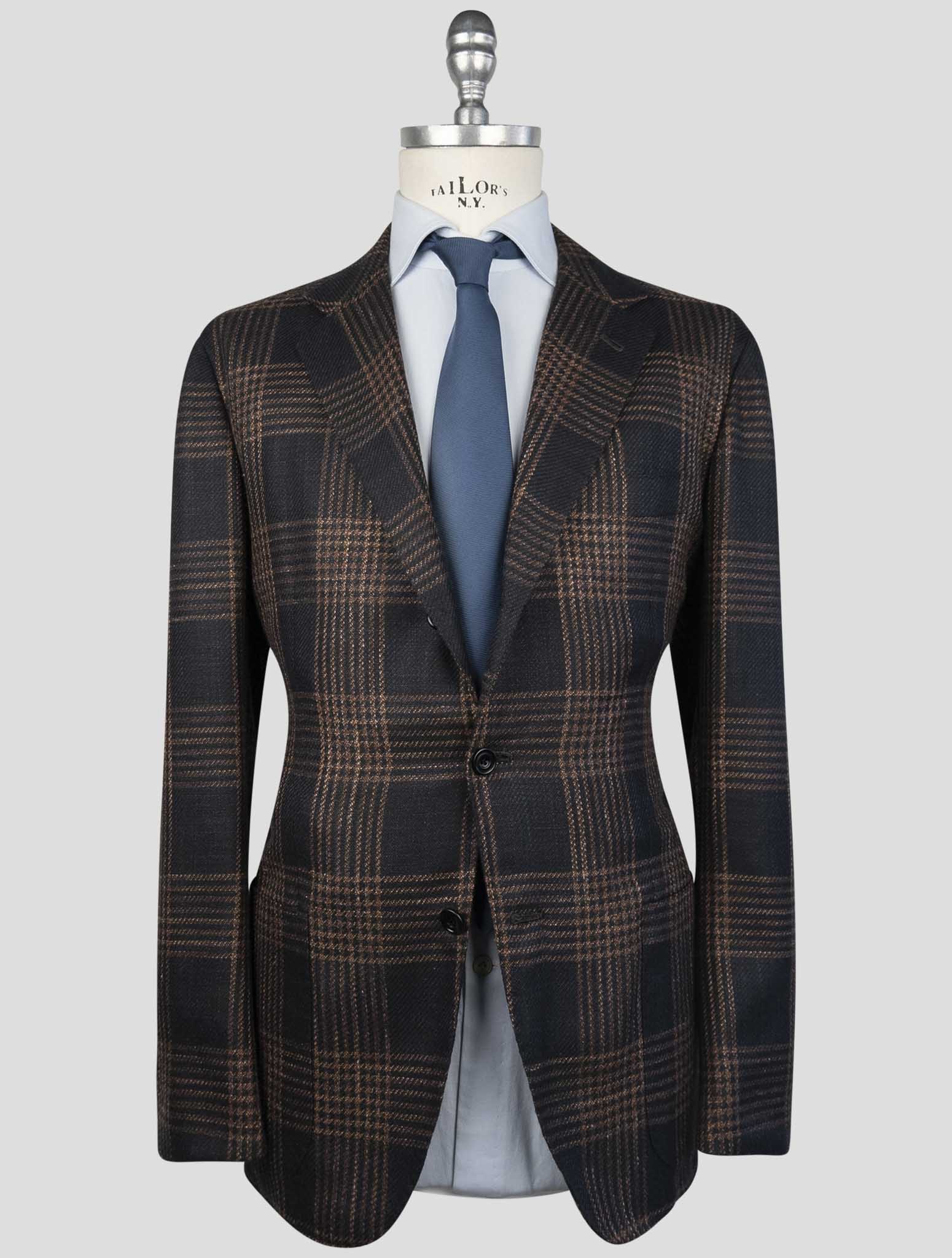 Kiton Brown Blue Cashmere Virgin Wool Silk Linen Blazer