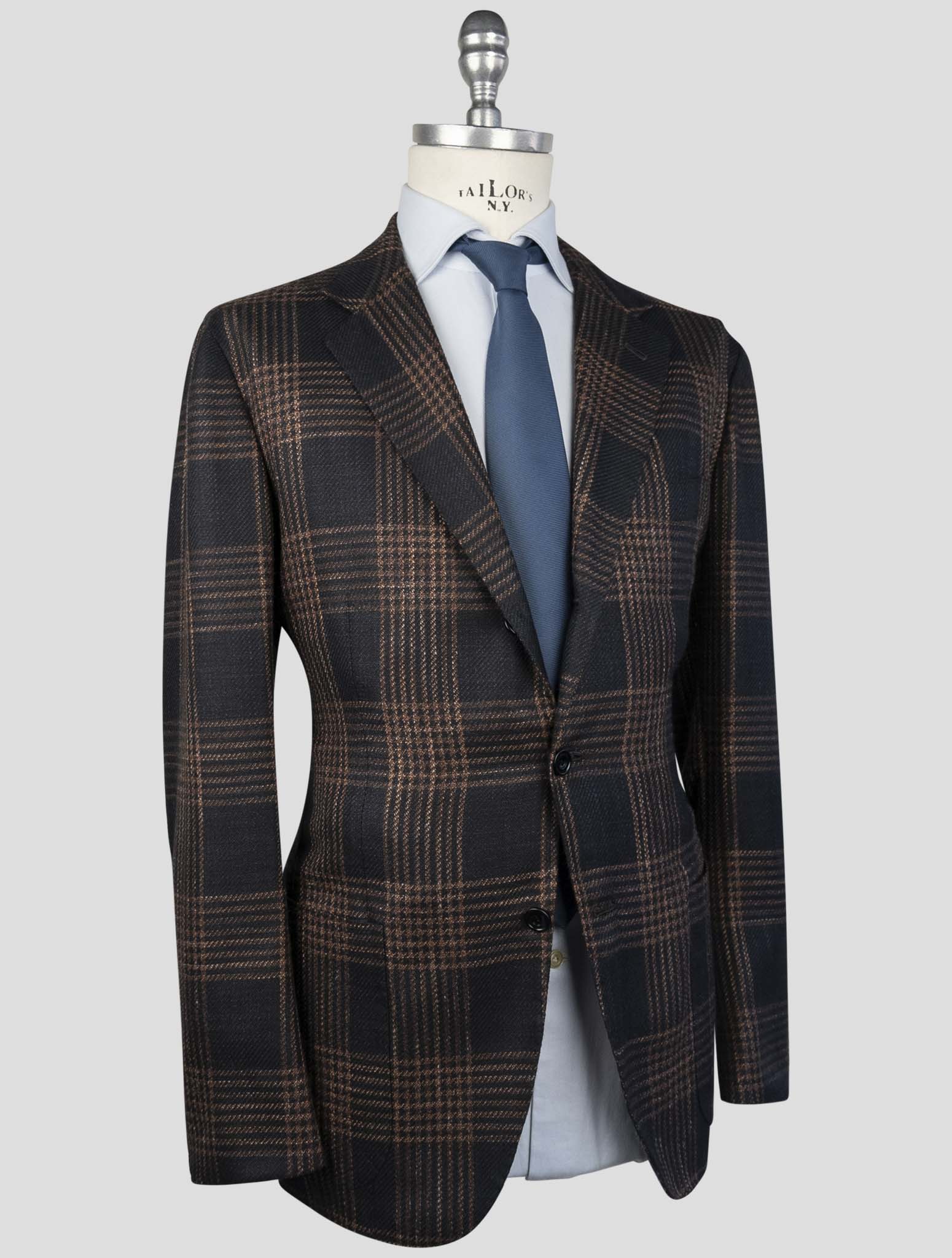 Kiton Brown Blue Cashmere Virgin Wool Silk Linen Blazer