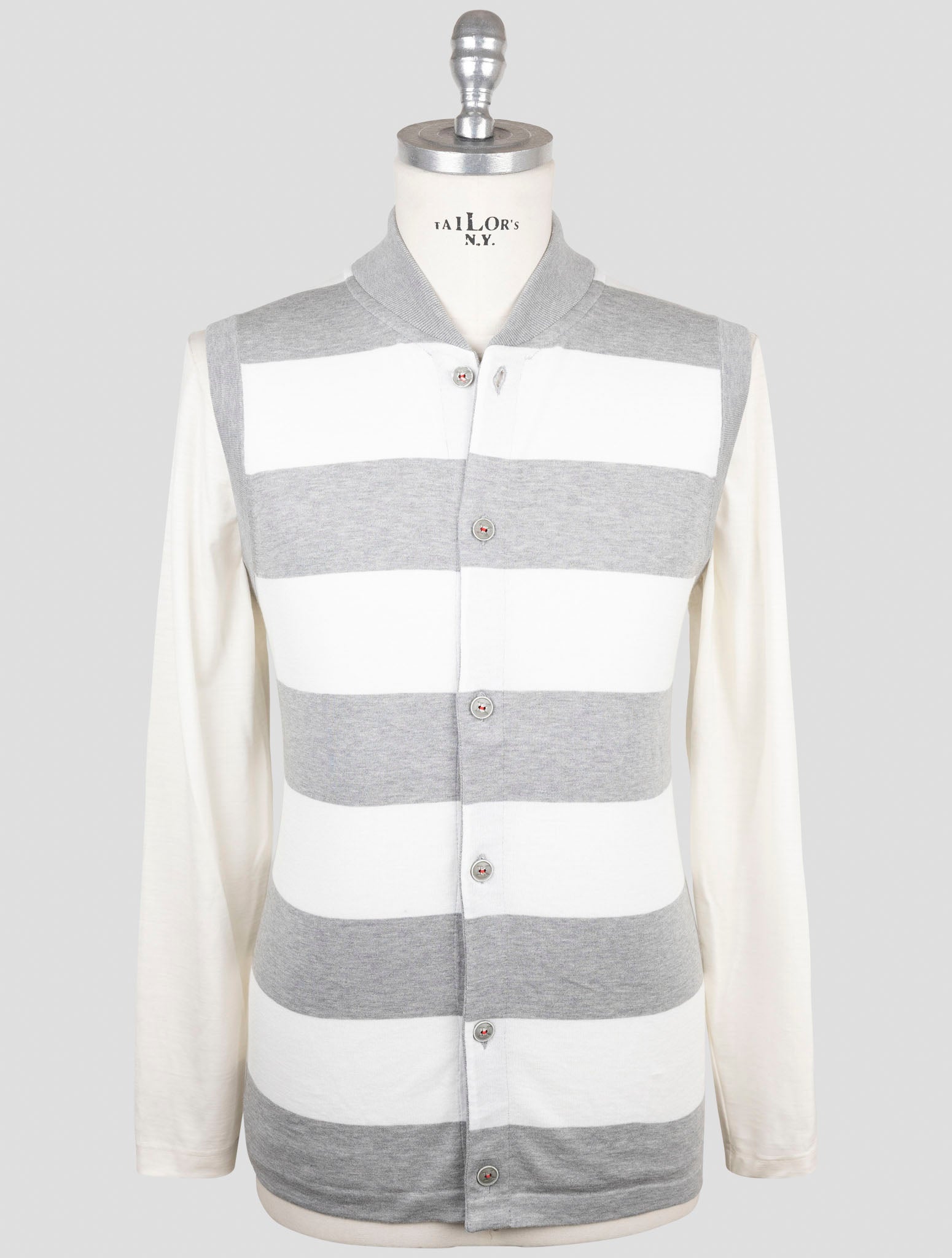 Kiton Gray White Cotton Sweater Gilet Cardigan
