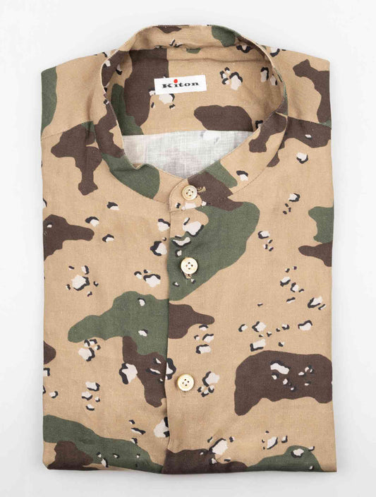 Kiton Green Brown Linen Korean Shirt
