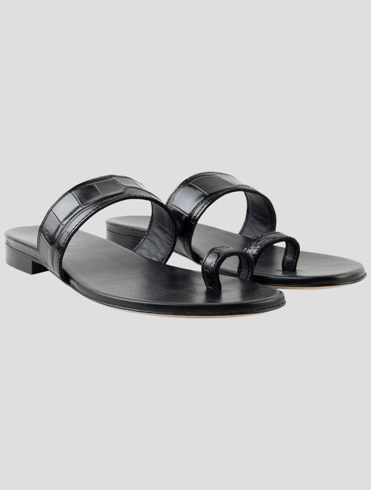 Kiton Black Leather Crocodile Sandals