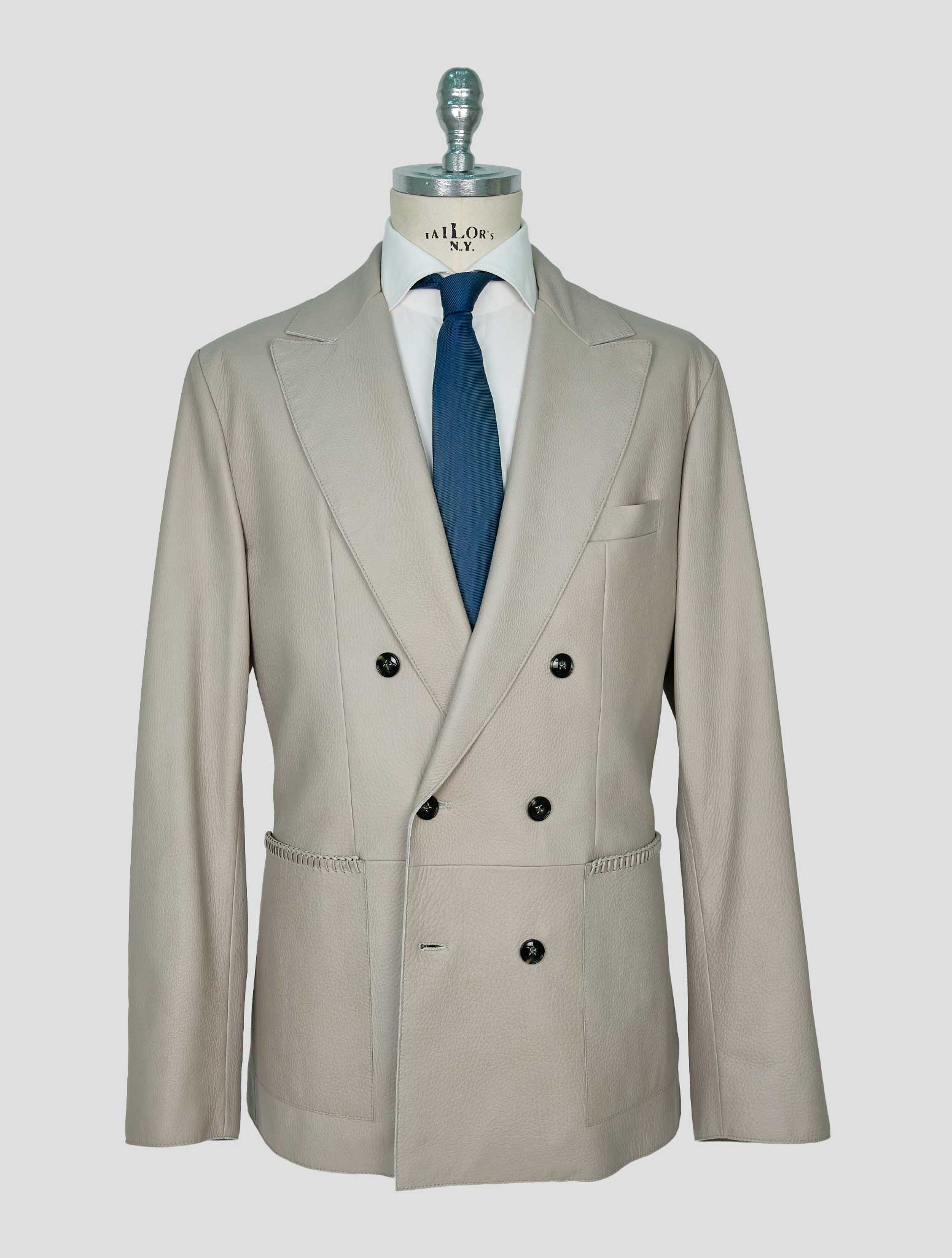 Kiton Gray Leather Deer Double Breasted Overcoat