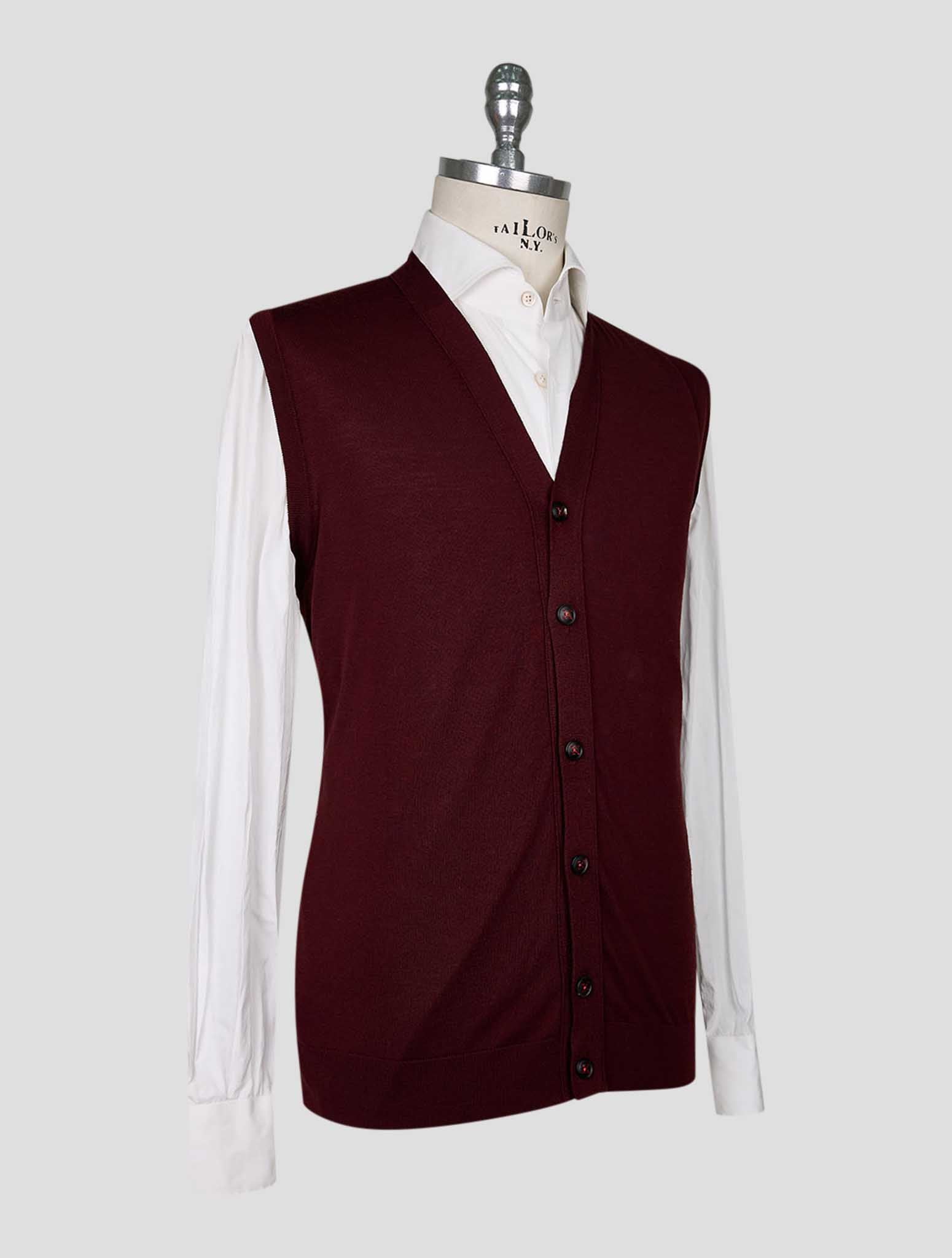 Kiton Burgundy Wool Diamante Blu Gilet Cardigan
