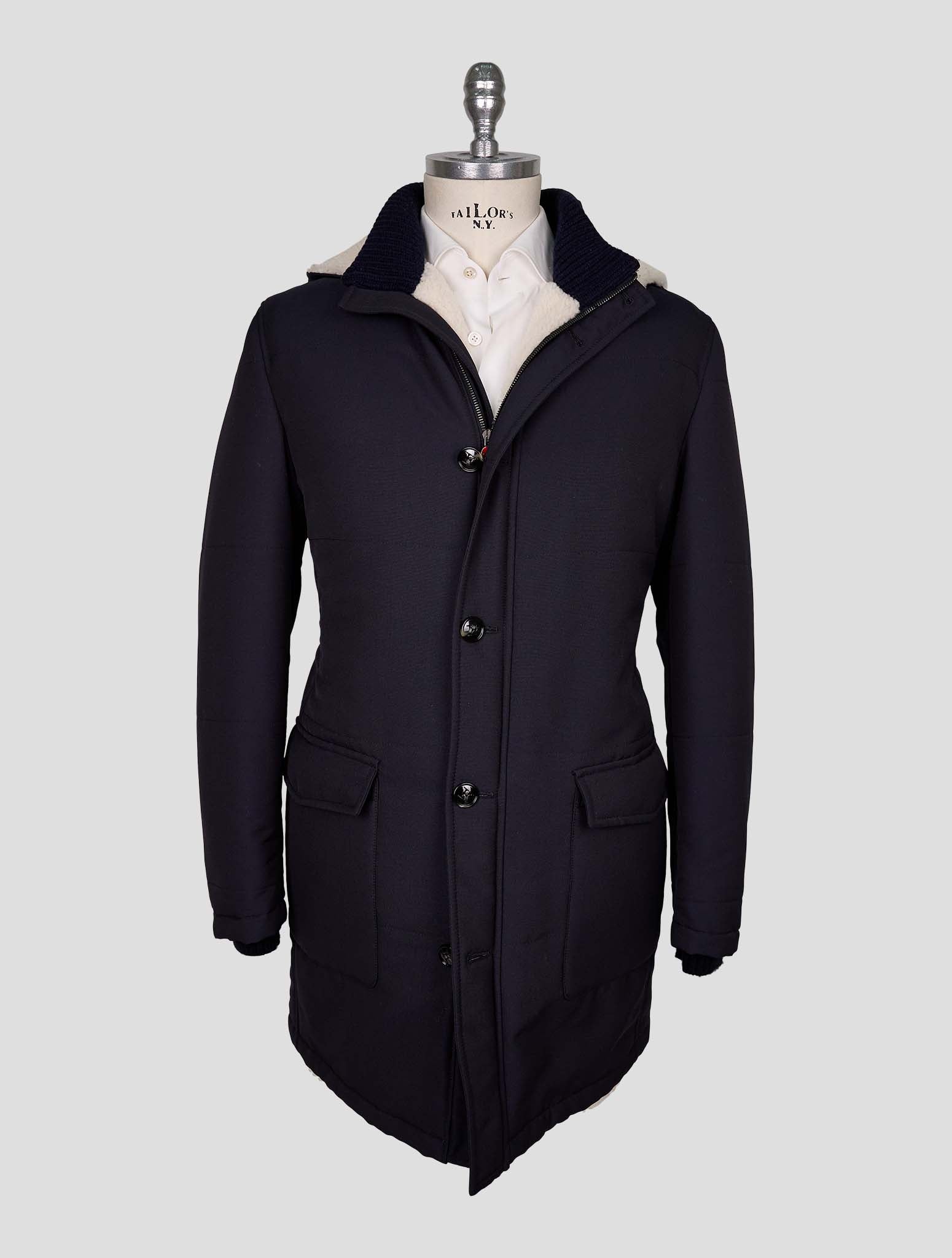 Kiton Blue Wool Pa With Fur Overcoat