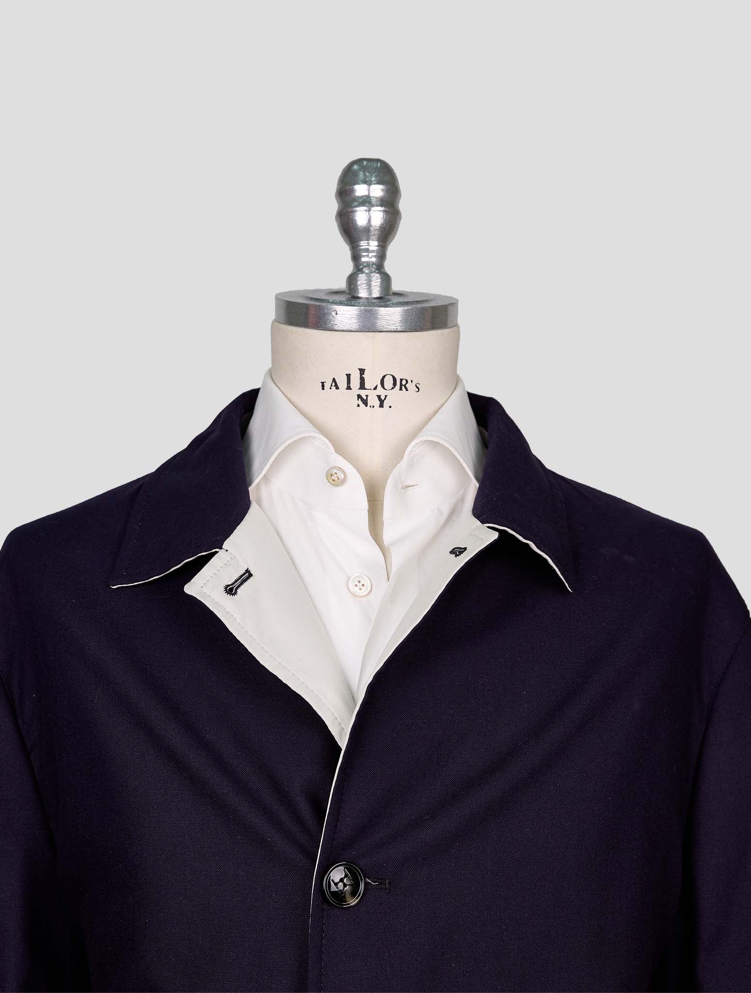 Kiton Beige Blue Silk Cashmere Reverse Overcoat