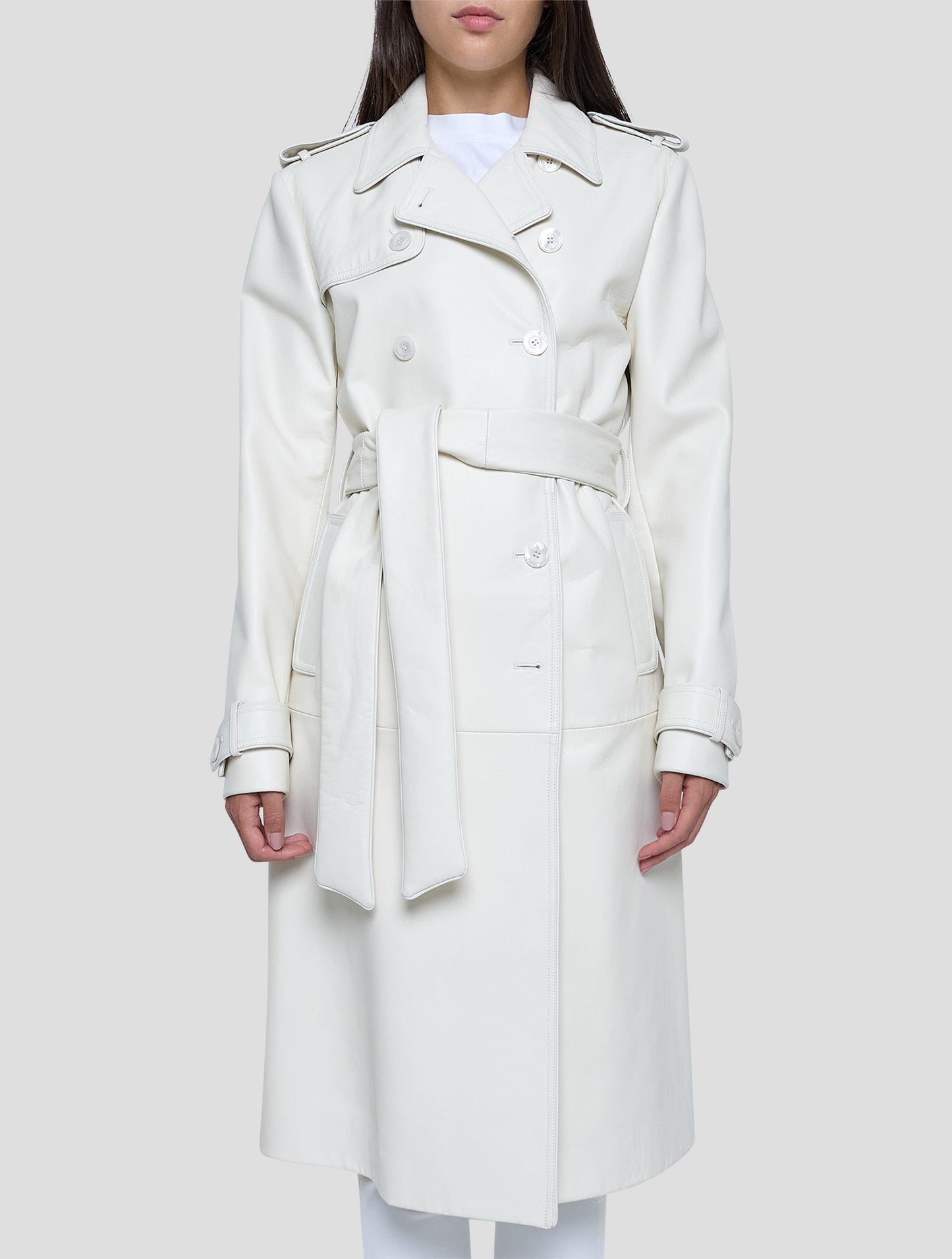 Kiton White Leather Overcoat Women