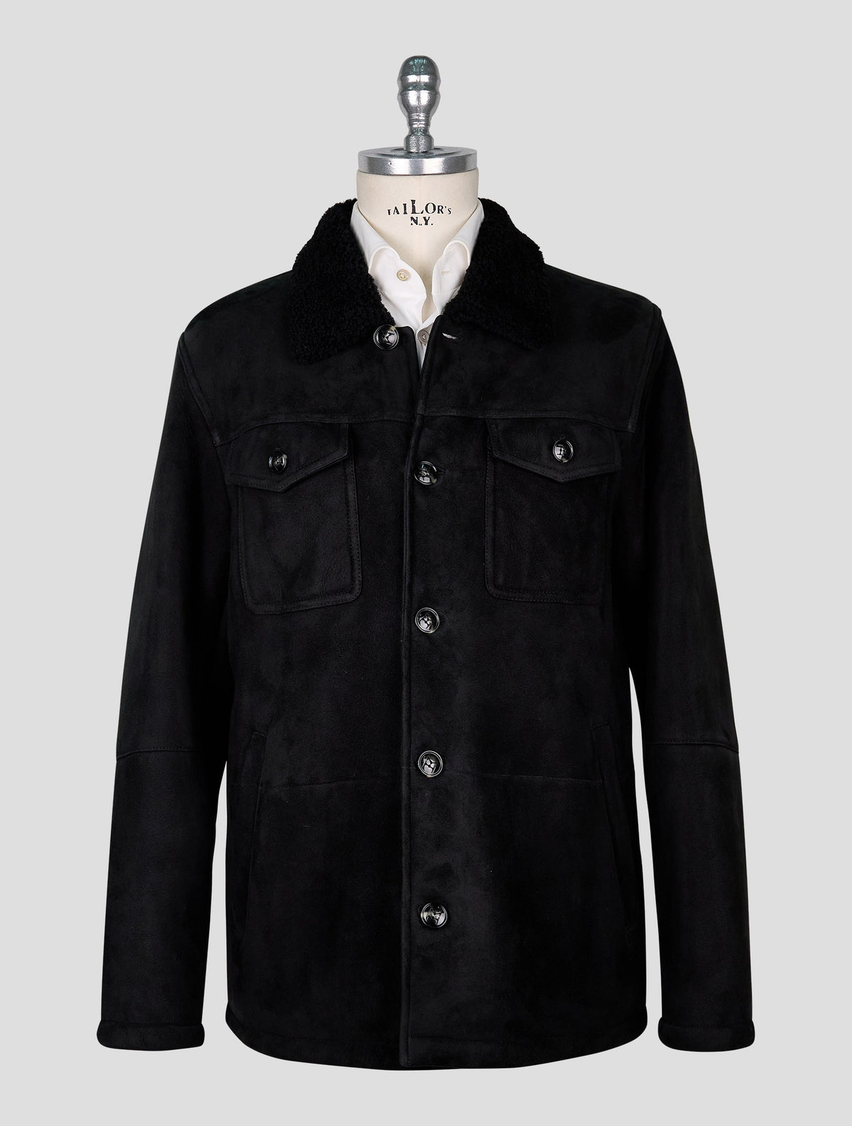 Kiton Black Leather Shearling Coat