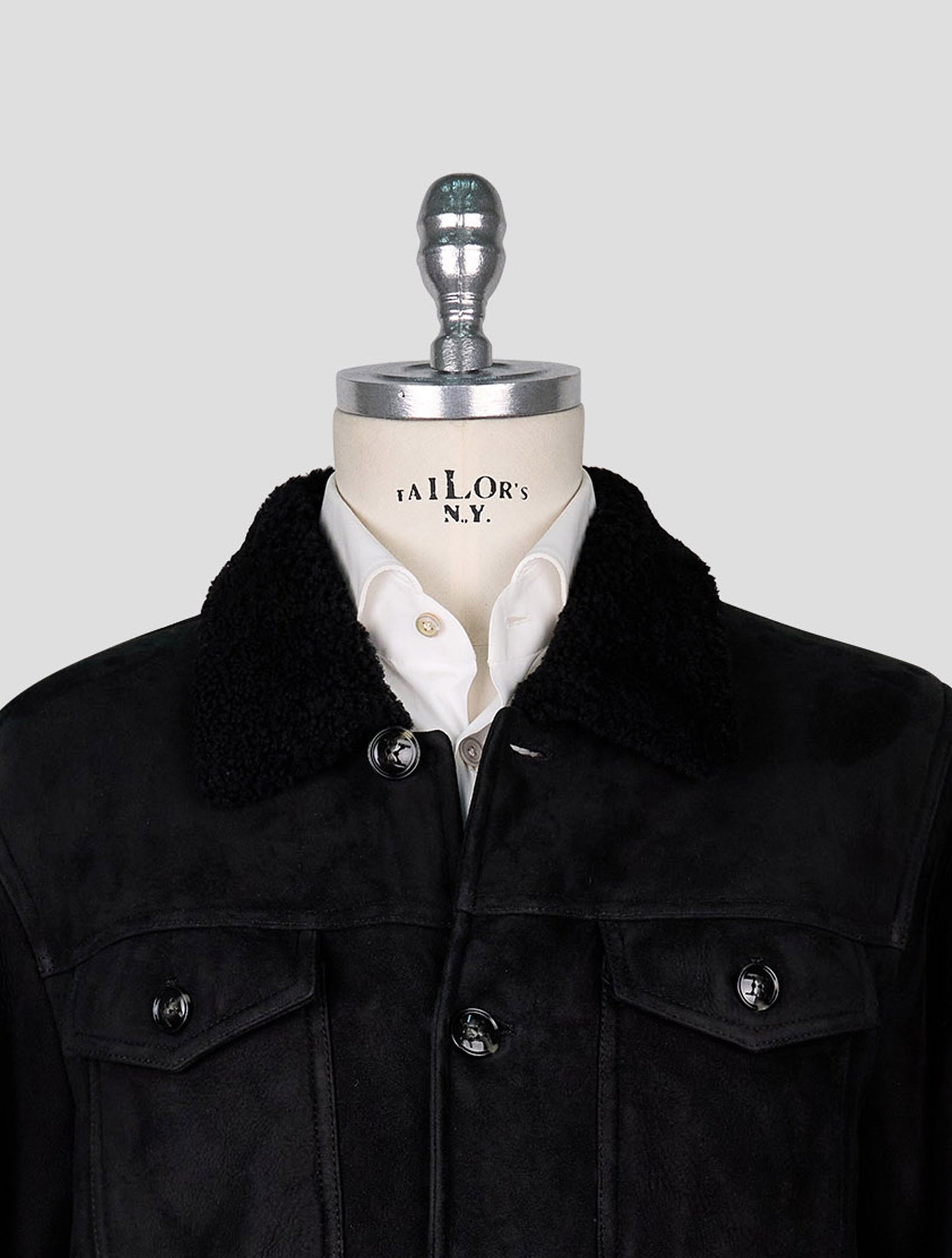 Kiton Black Leather Shearling Coat