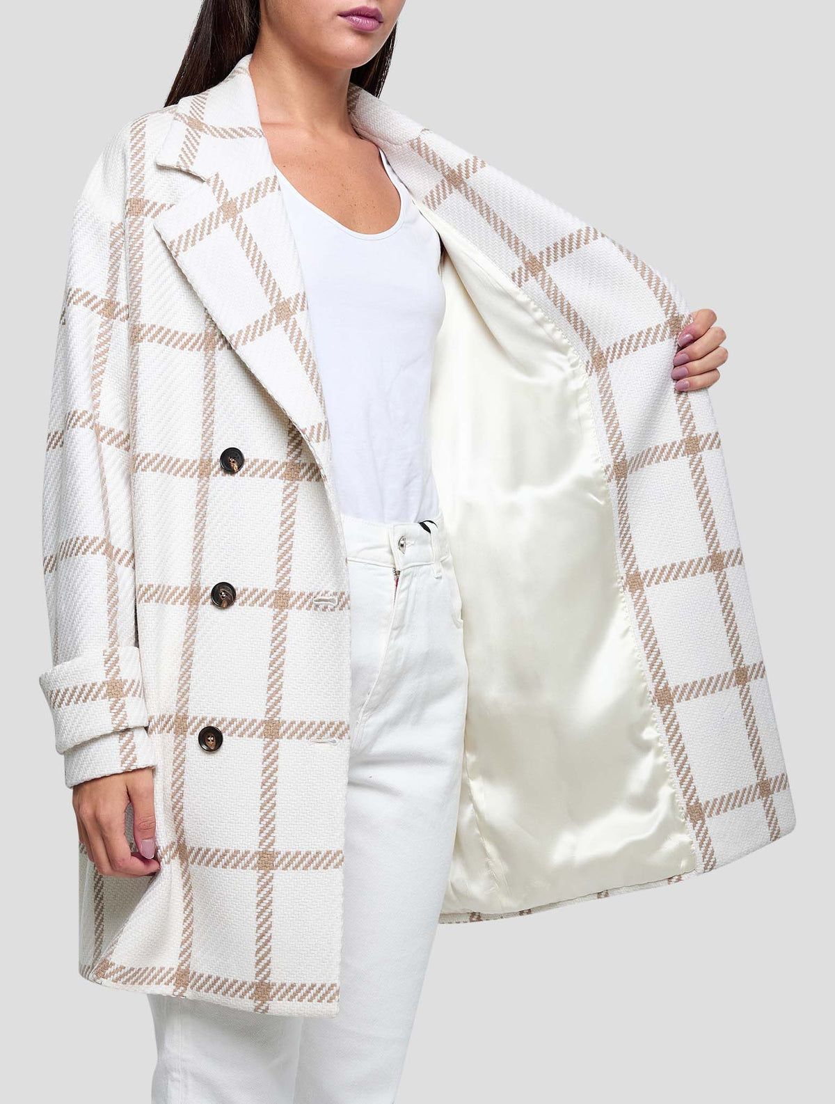 Kiton Beige White Cashmere Overcoat Women
