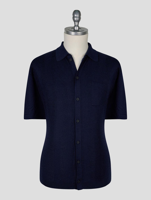 Kiton Blue Virgin Wool Silk Short Sleeve Shirt