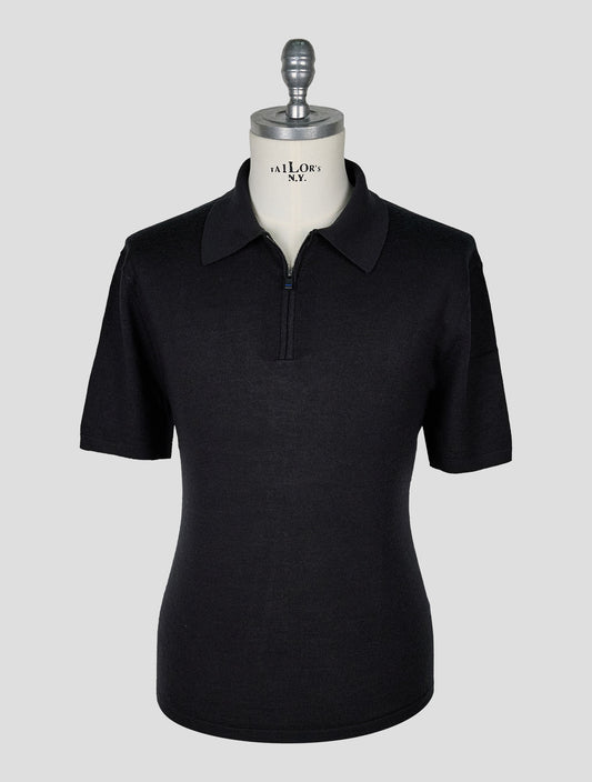 Kiton Knt Black Virgin Wool Silk Polo Half Zip